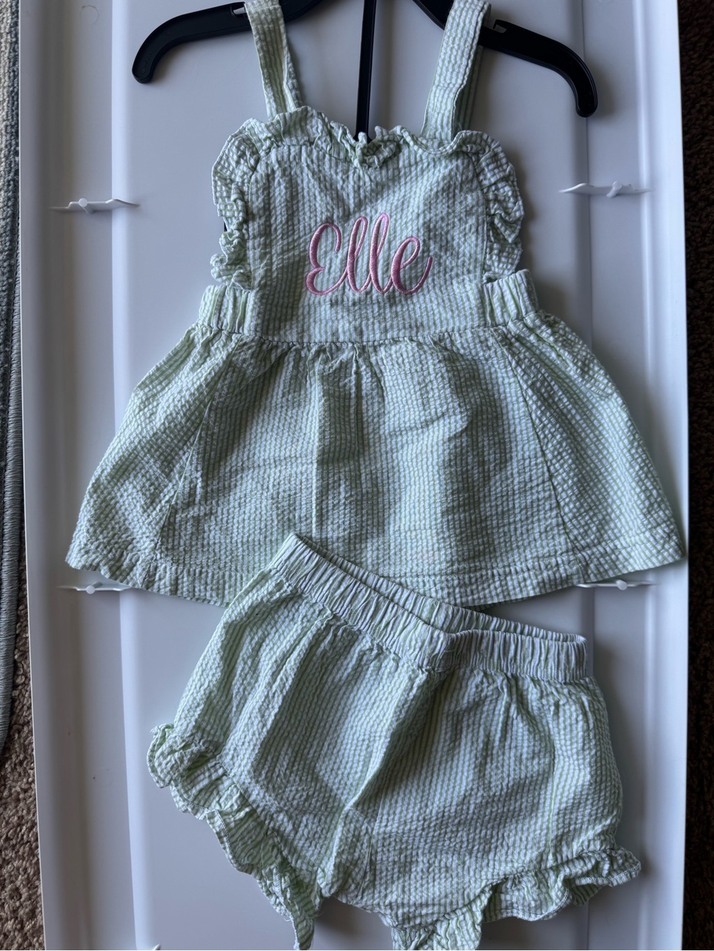 Light Mint Seersucker Two-Piece Set with Pink 'Elle' Embroidery